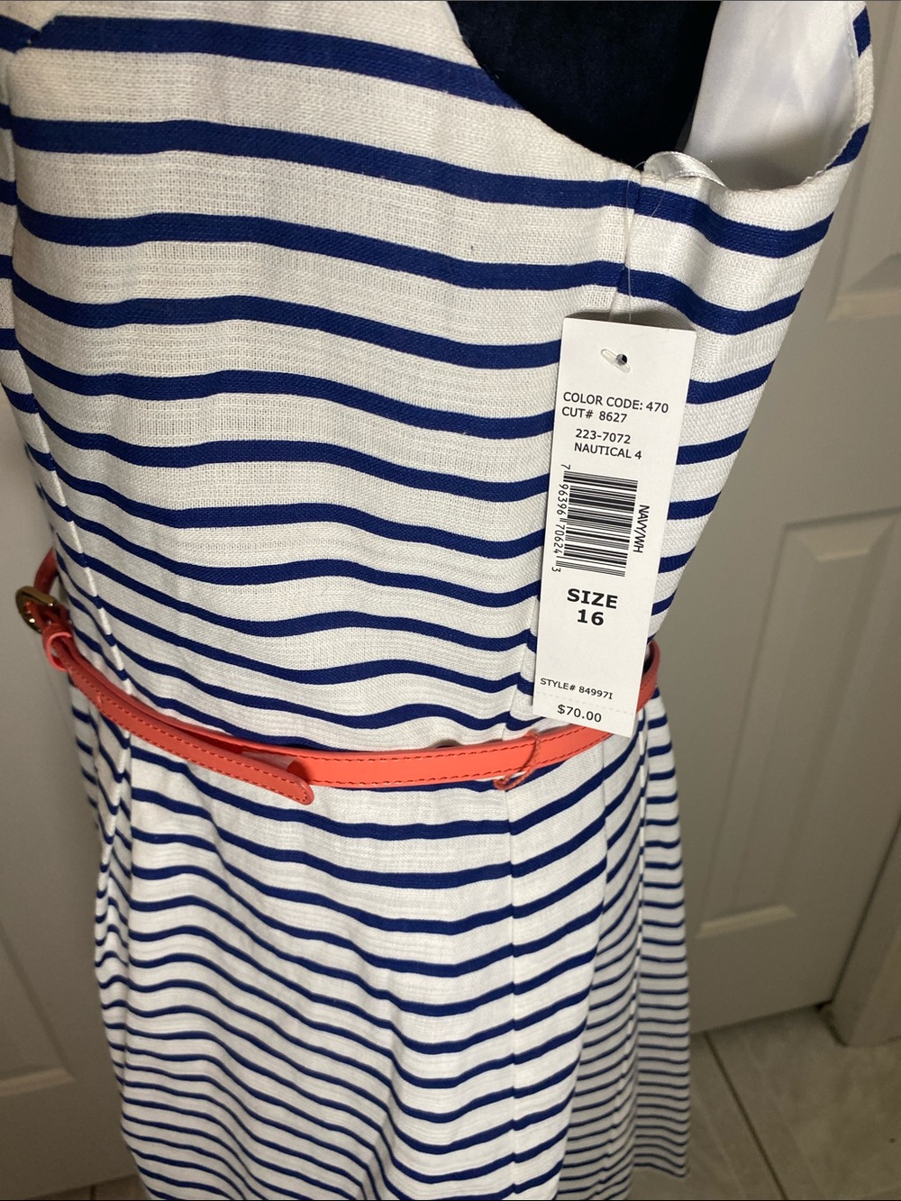 Tiana B. Navy and White Striped Sleeveless Midi Dress with Coral Belt size 16 - Picture 3 of 9